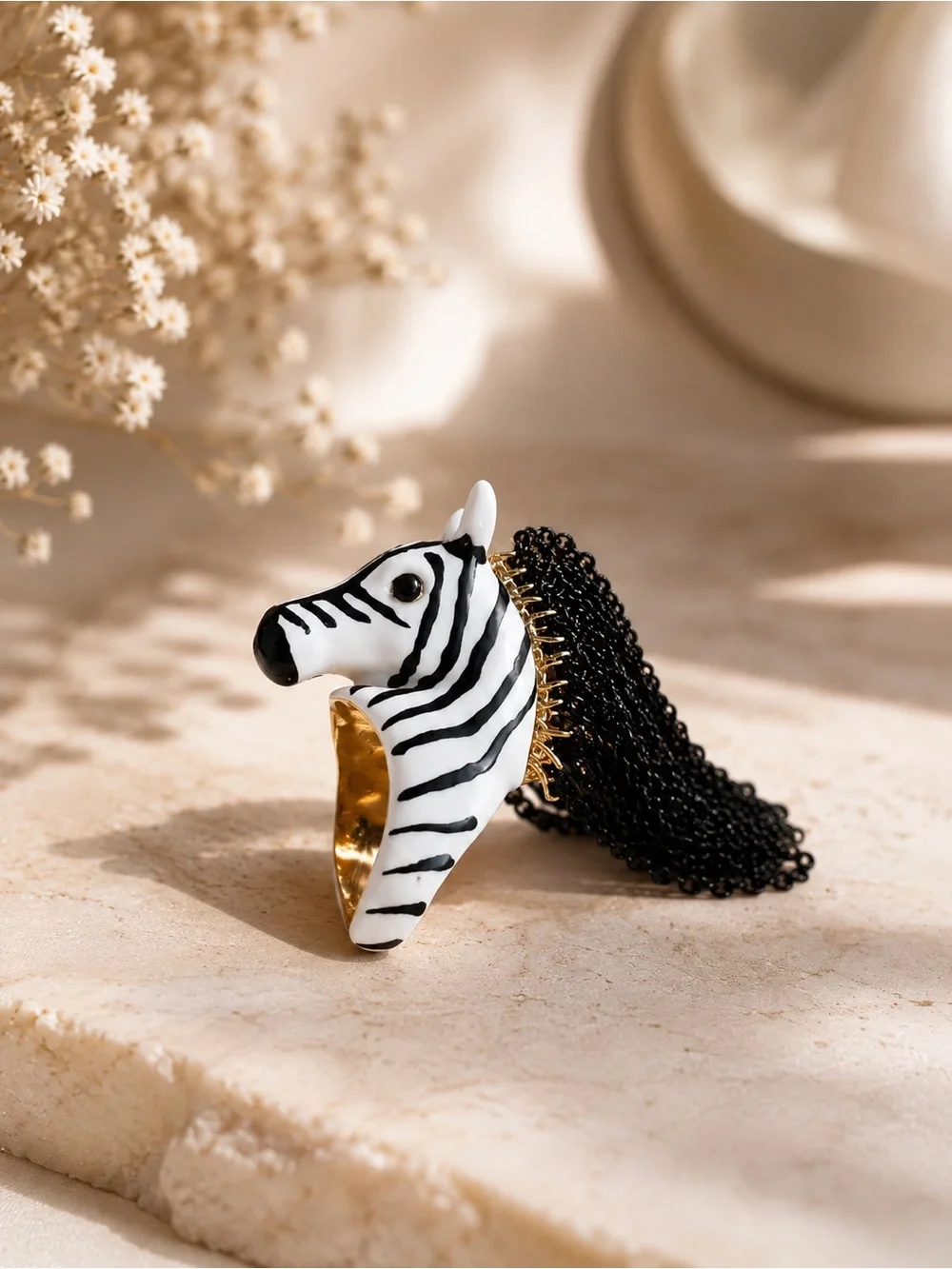 Zebra Statement Ring Black White Gold Chain Mane